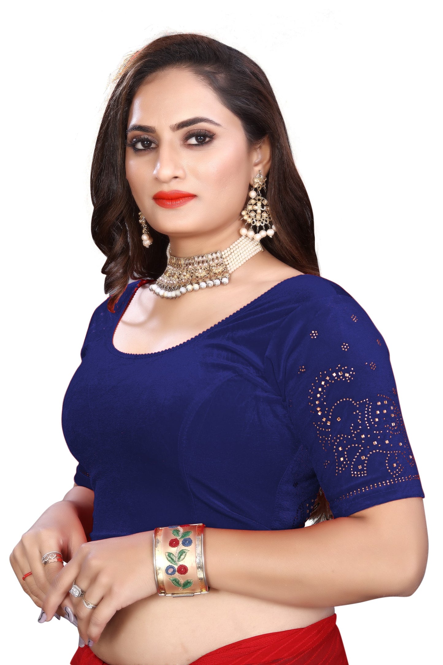 PU Fashion Fancy Velvet Blouse with Peacock and Floral Design | Readymade Saree Blouse for Women