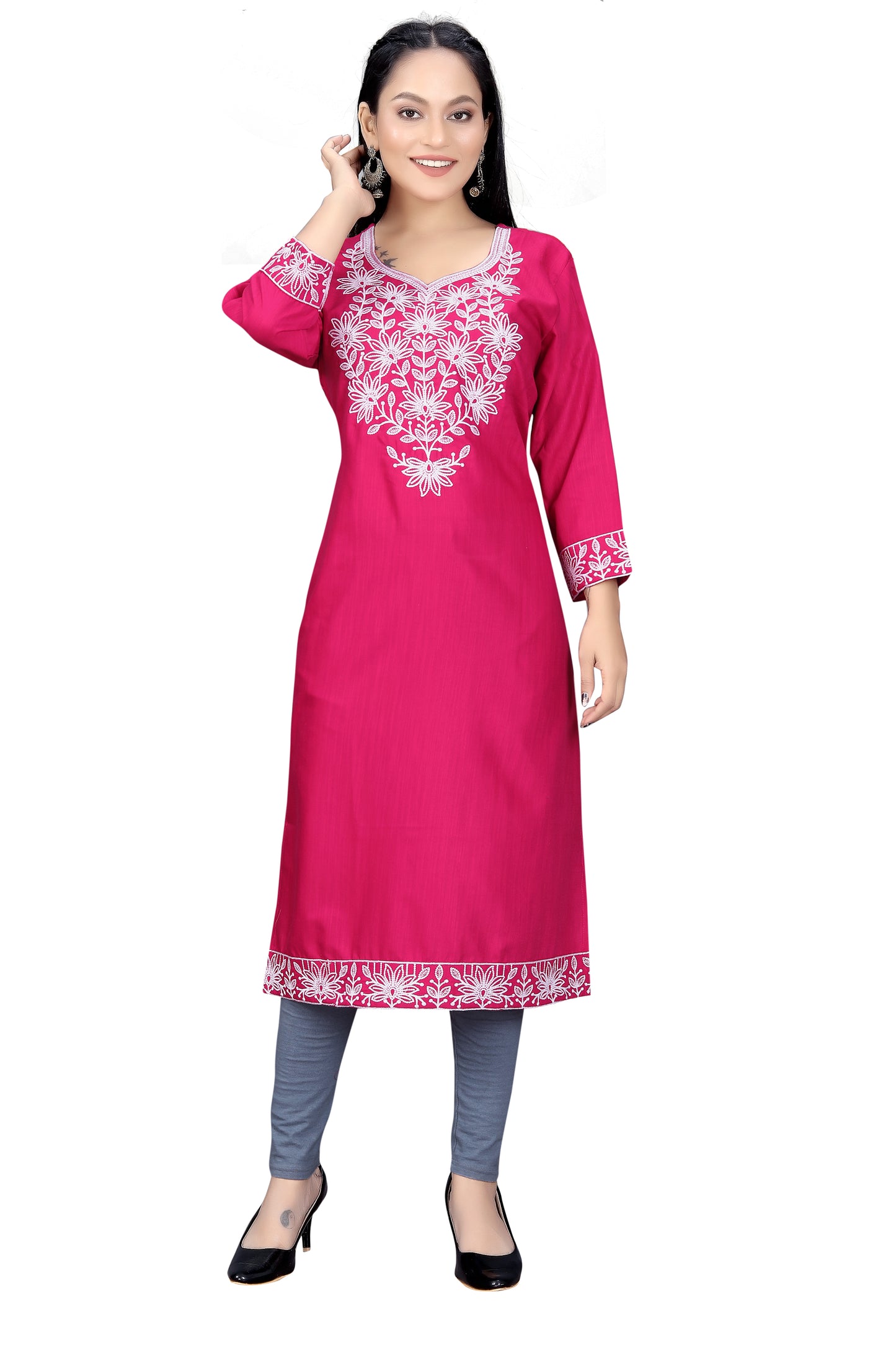PU Fashion Chikankari Style Embroidered Long Kurti for Women | Elegant Straight Fit for Office & Festive Wear
