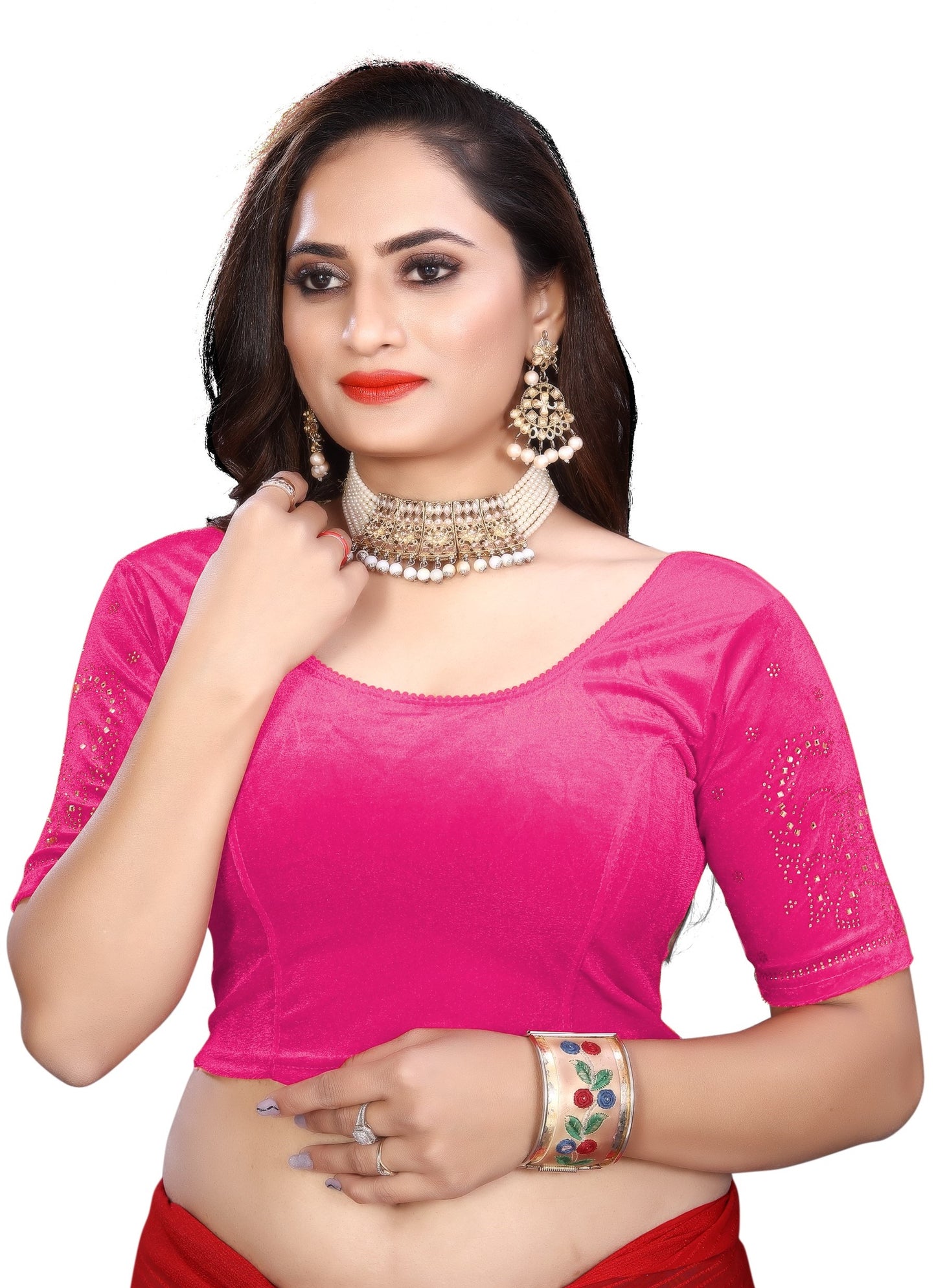 PU Fashion Fancy Velvet Blouse with Peacock and Floral Design | Readymade Saree Blouse for Women