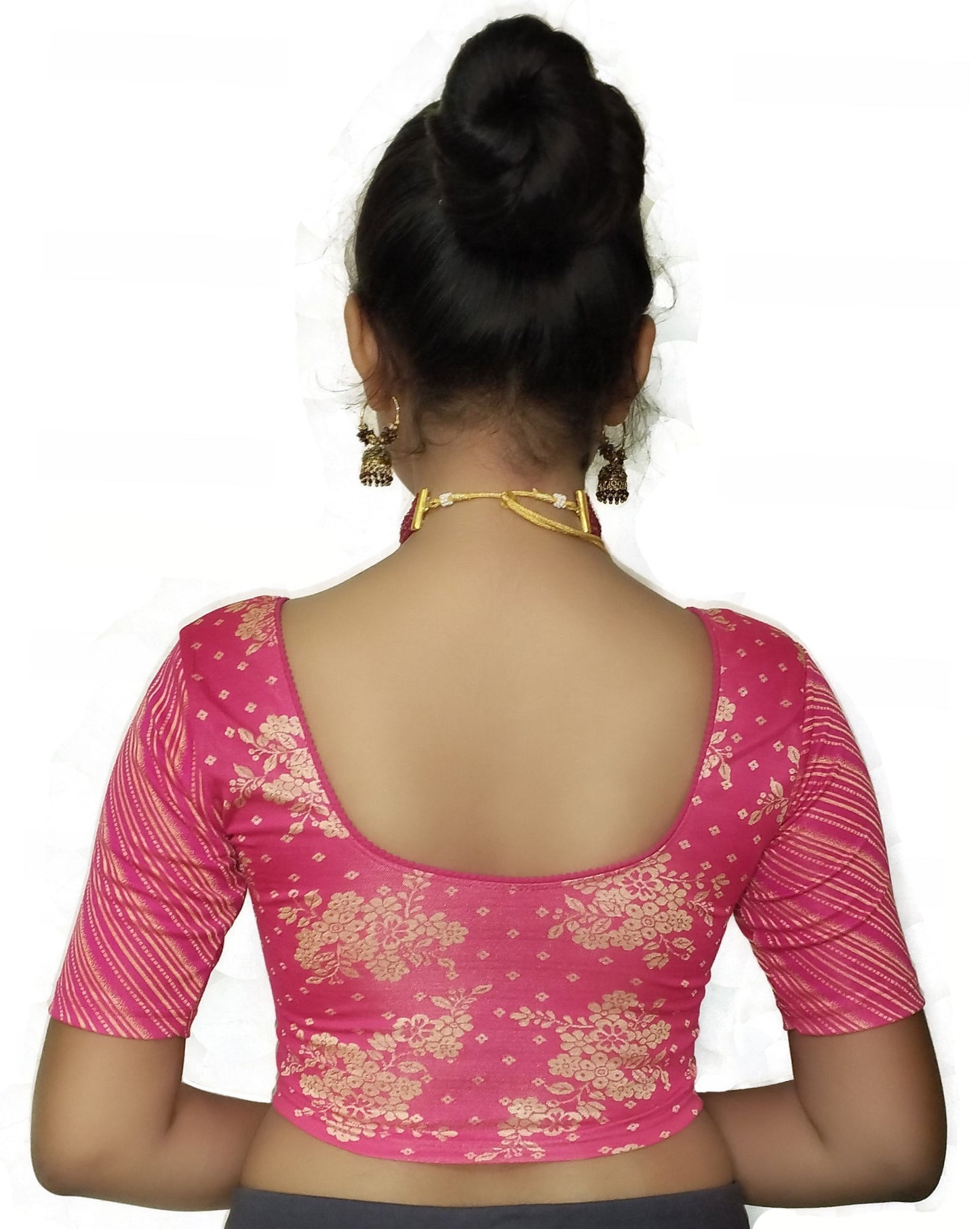 PU Fashion Jacquard Stretchable Saree Blouse – Floral Round Neck Short Sleeve Design