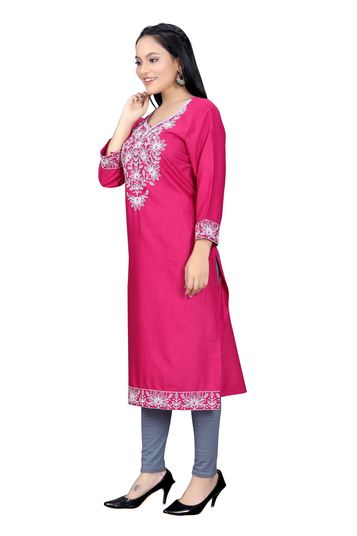 PU Fashion Chikankari Style Embroidered Long Kurti for Women | Elegant Straight Fit for Office & Festive Wear