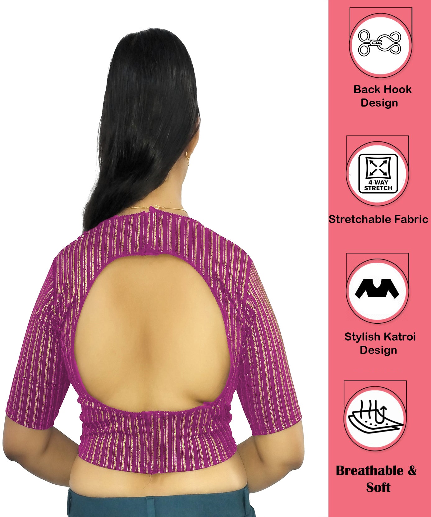 PU Fashion Jacquard Stretchable Saree Blouse | Back Hook & Katroi Design