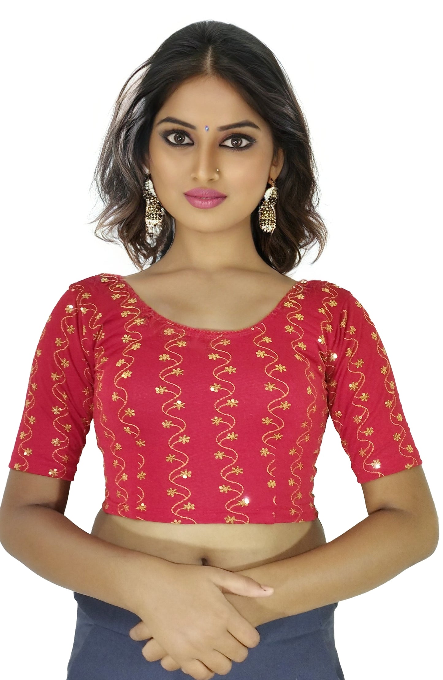 PU Fashion Wine Color Stretchable Embroidered Readymade Blouse for Women