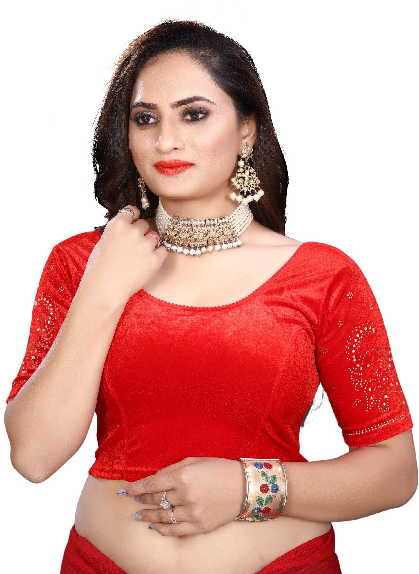 PU Fashion Fancy Velvet Blouse with Peacock and Floral Design | Readymade Saree Blouse for Women