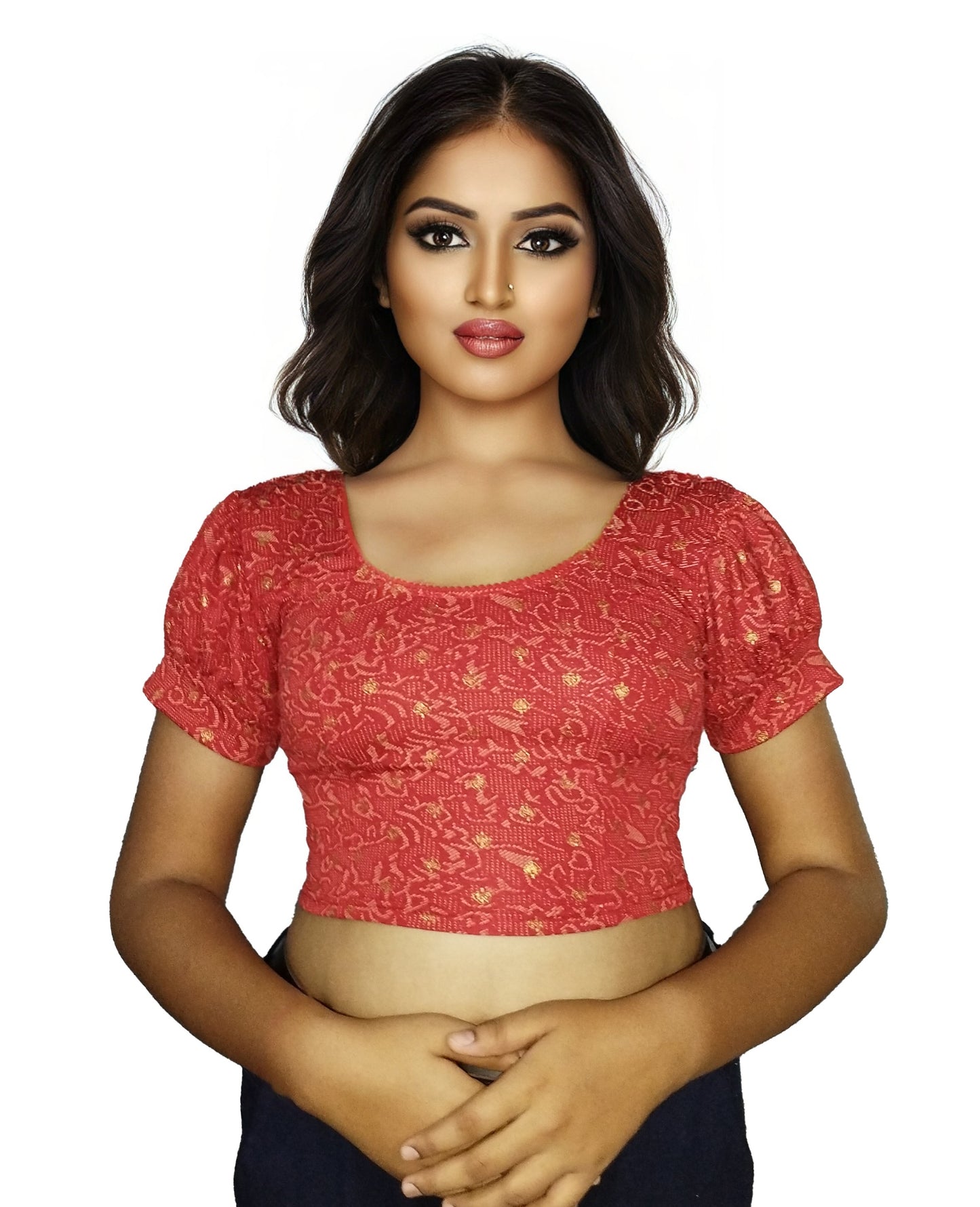 PU Fashion Lycra Blouse with Golden Foil Print – Readymade Puff Sleeve Saree Blouse