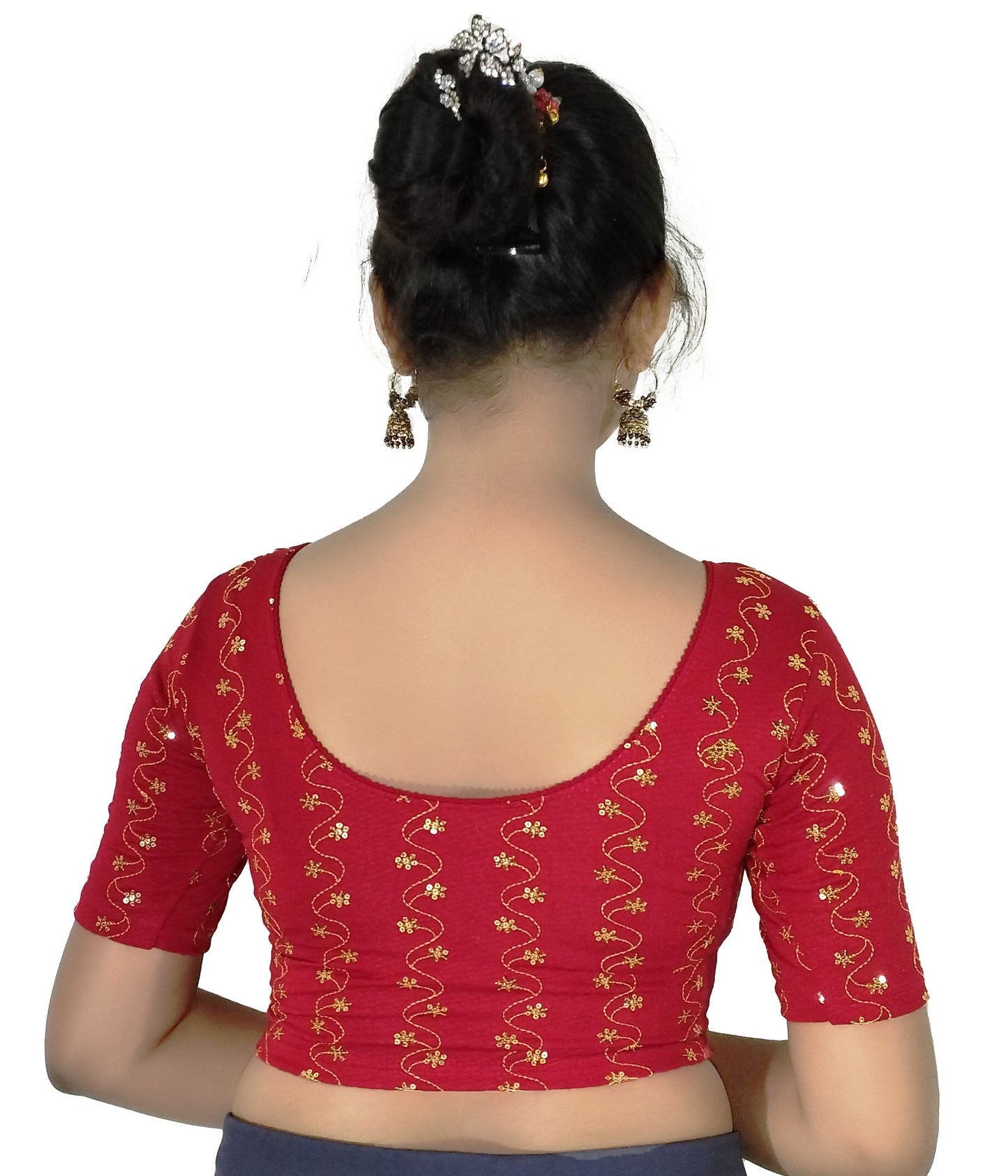 PU Fashion Wine Color Stretchable Embroidered Readymade Blouse for Women