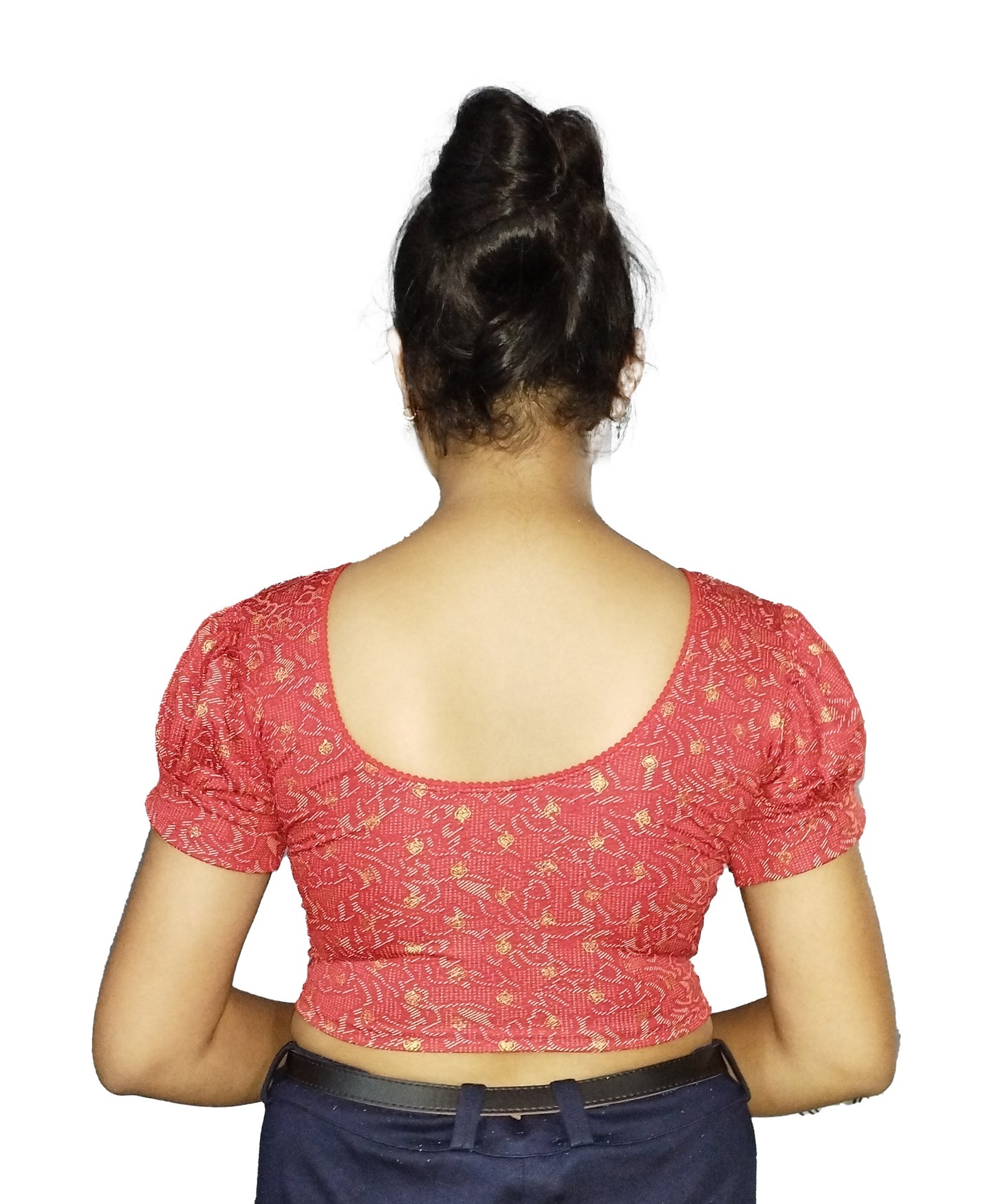 PU Fashion Lycra Blouse with Golden Foil Print – Readymade Puff Sleeve Saree Blouse