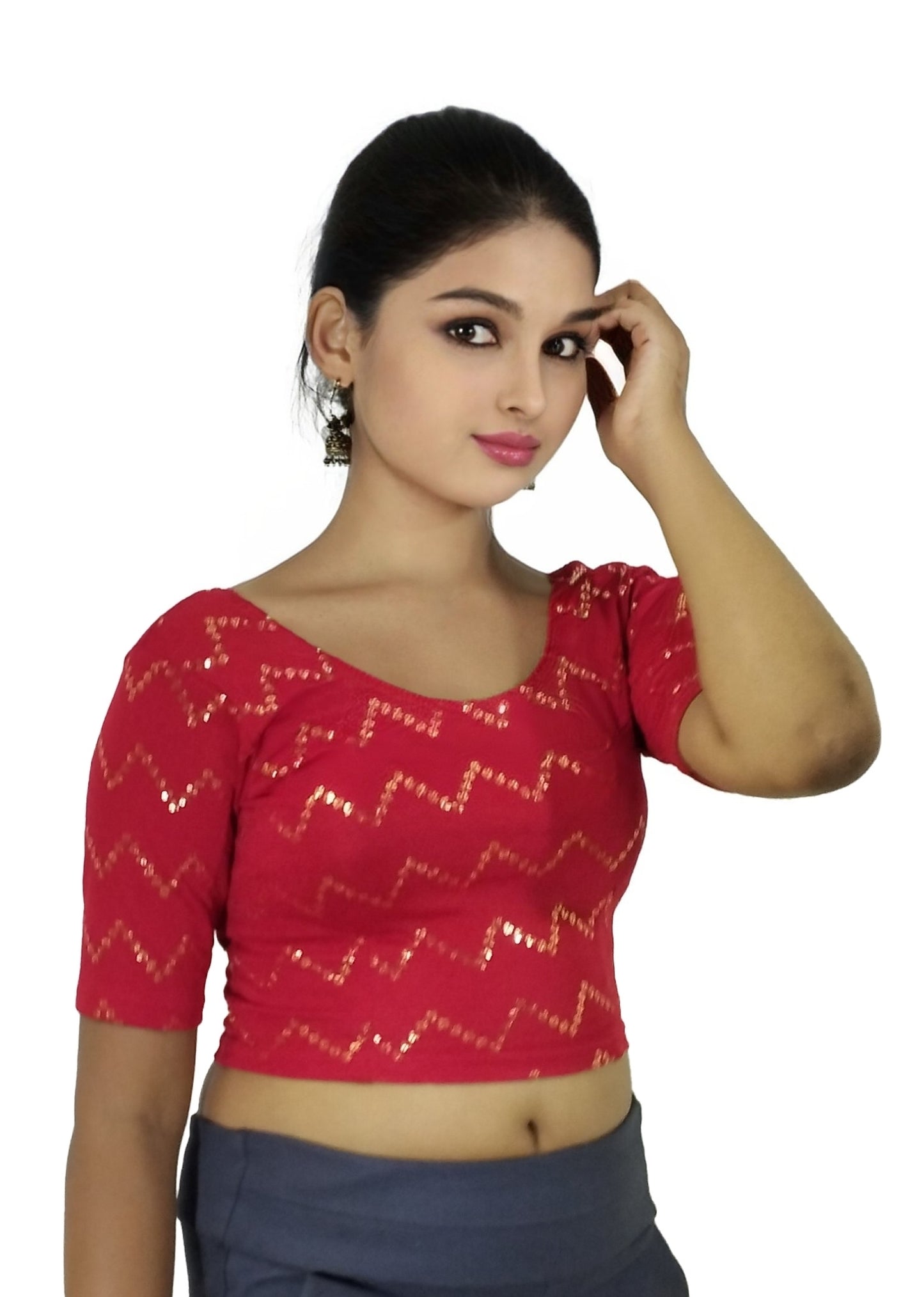 PU Fashion Stylish Readymade Party Wear Stretchable Sequin Embroidered Blouse