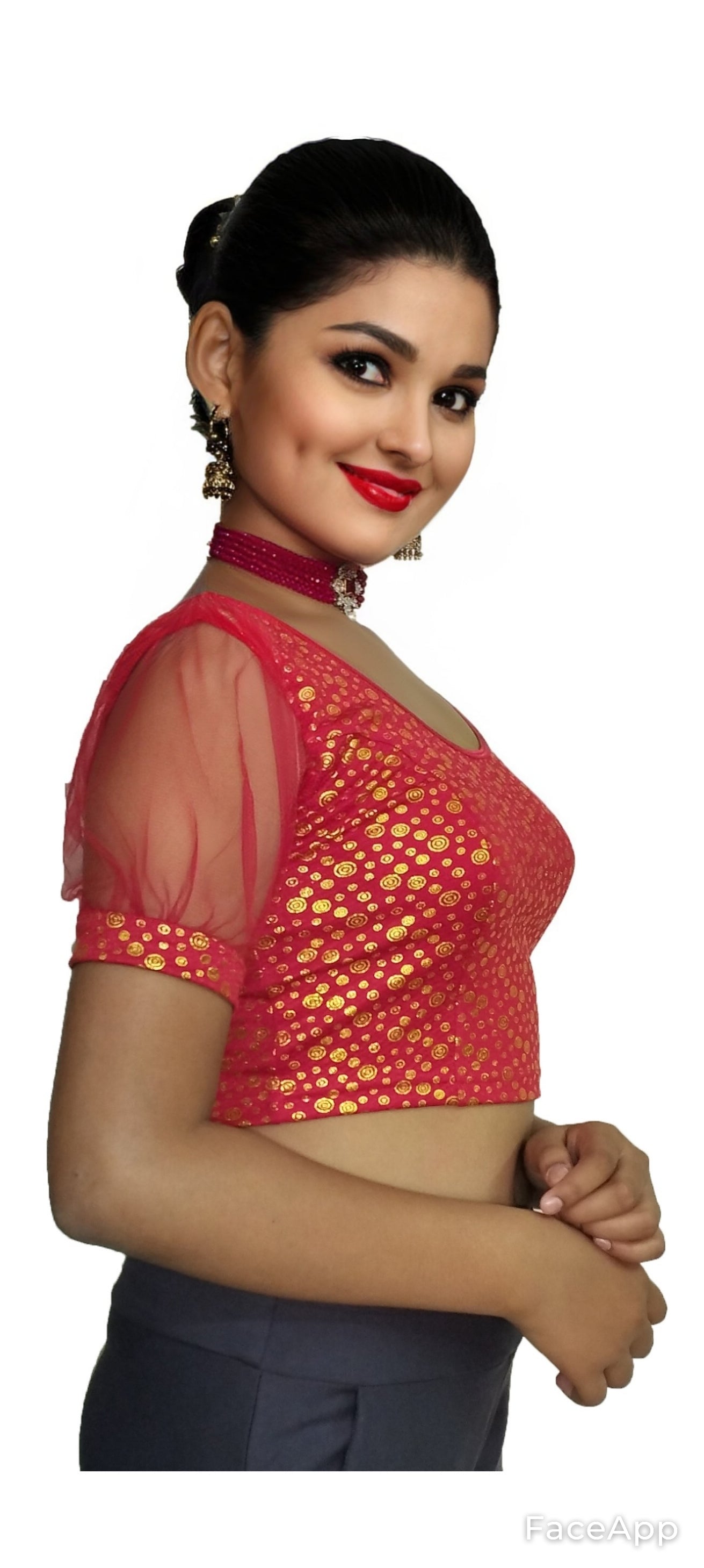 PU Fashion Golden Foil Printed Stretchable Blouse β Readymade Puff Sleeve Saree Blouse