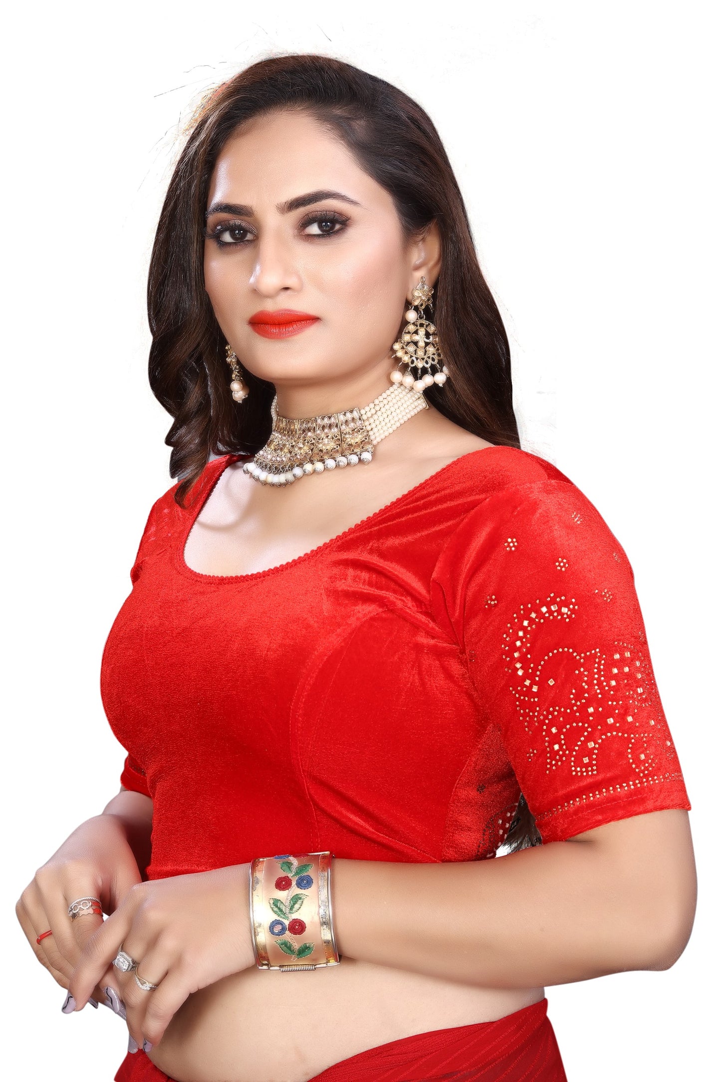 PU Fashion Fancy Velvet Blouse with Peacock and Floral Design | Readymade Saree Blouse for Women