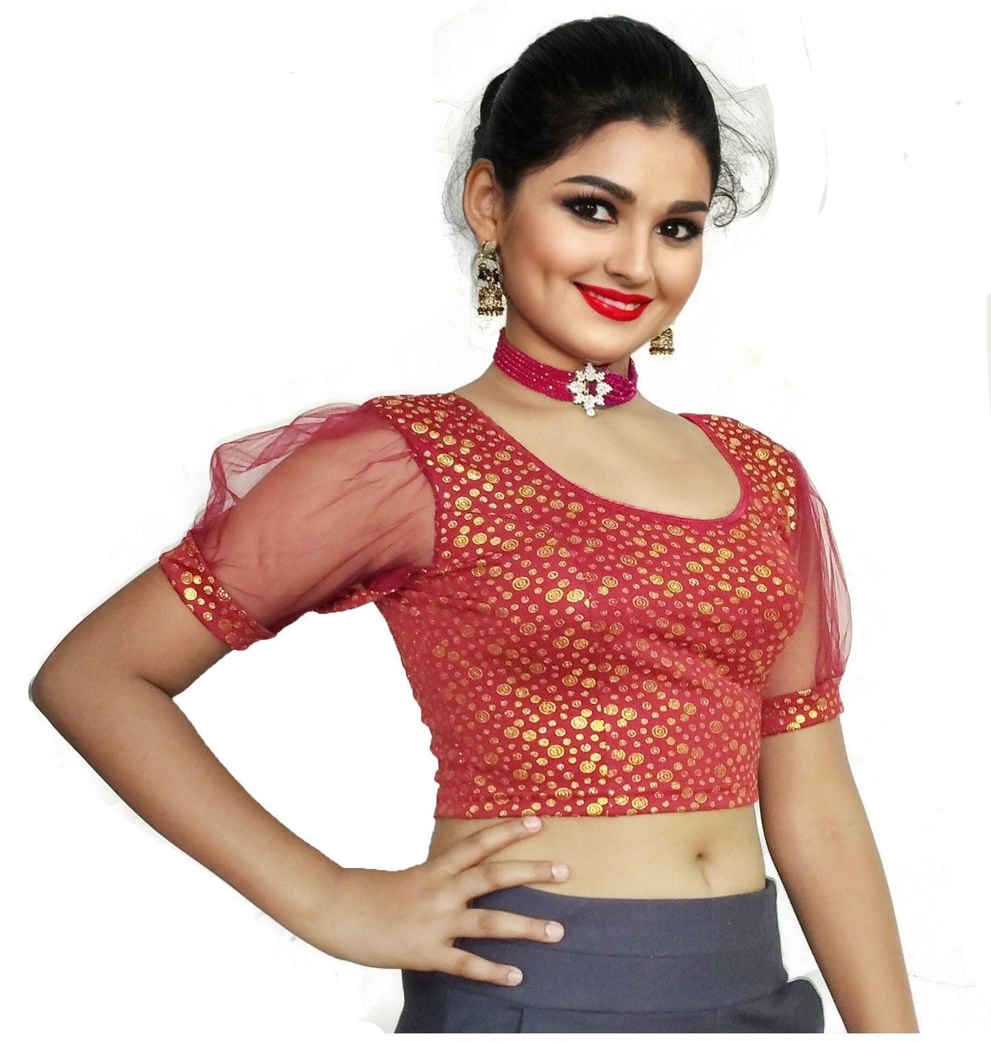PU Fashion Golden Foil Printed Stretchable Blouse β Readymade Puff Sleeve Saree Blouse
