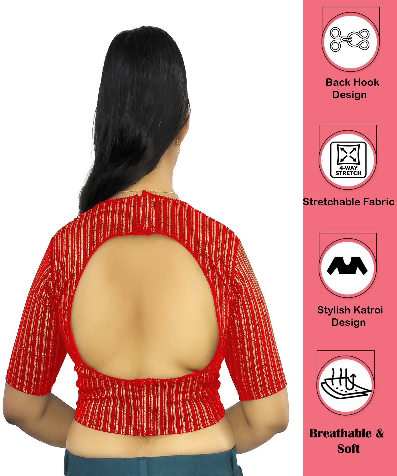 PU Fashion Jacquard Stretchable Saree Blouse | Back Hook & Katroi Design
