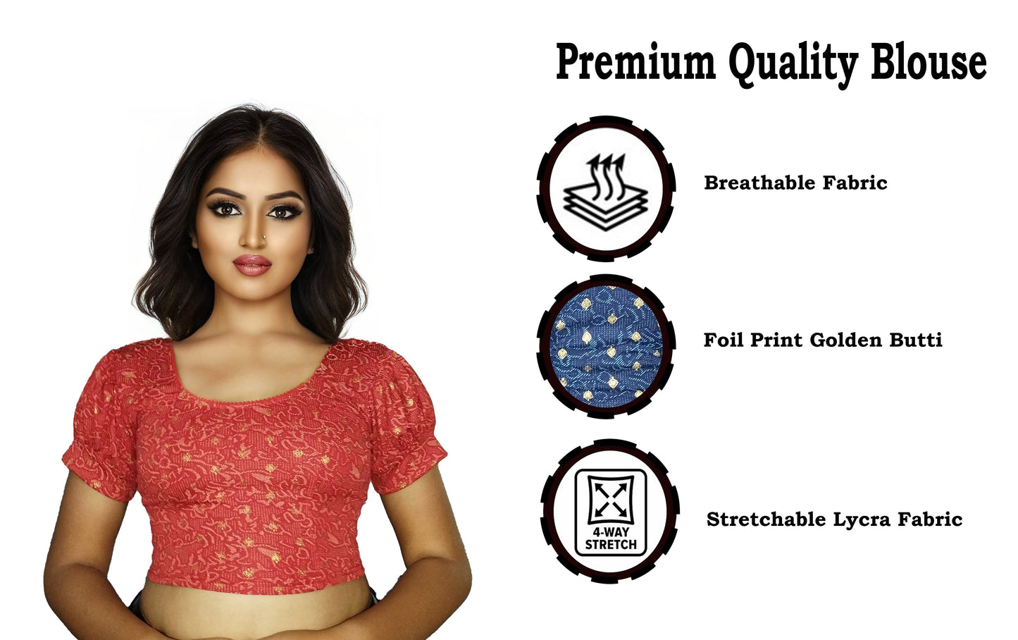 PU Fashion Lycra Blouse with Golden Foil Print – Readymade Puff Sleeve Saree Blouse