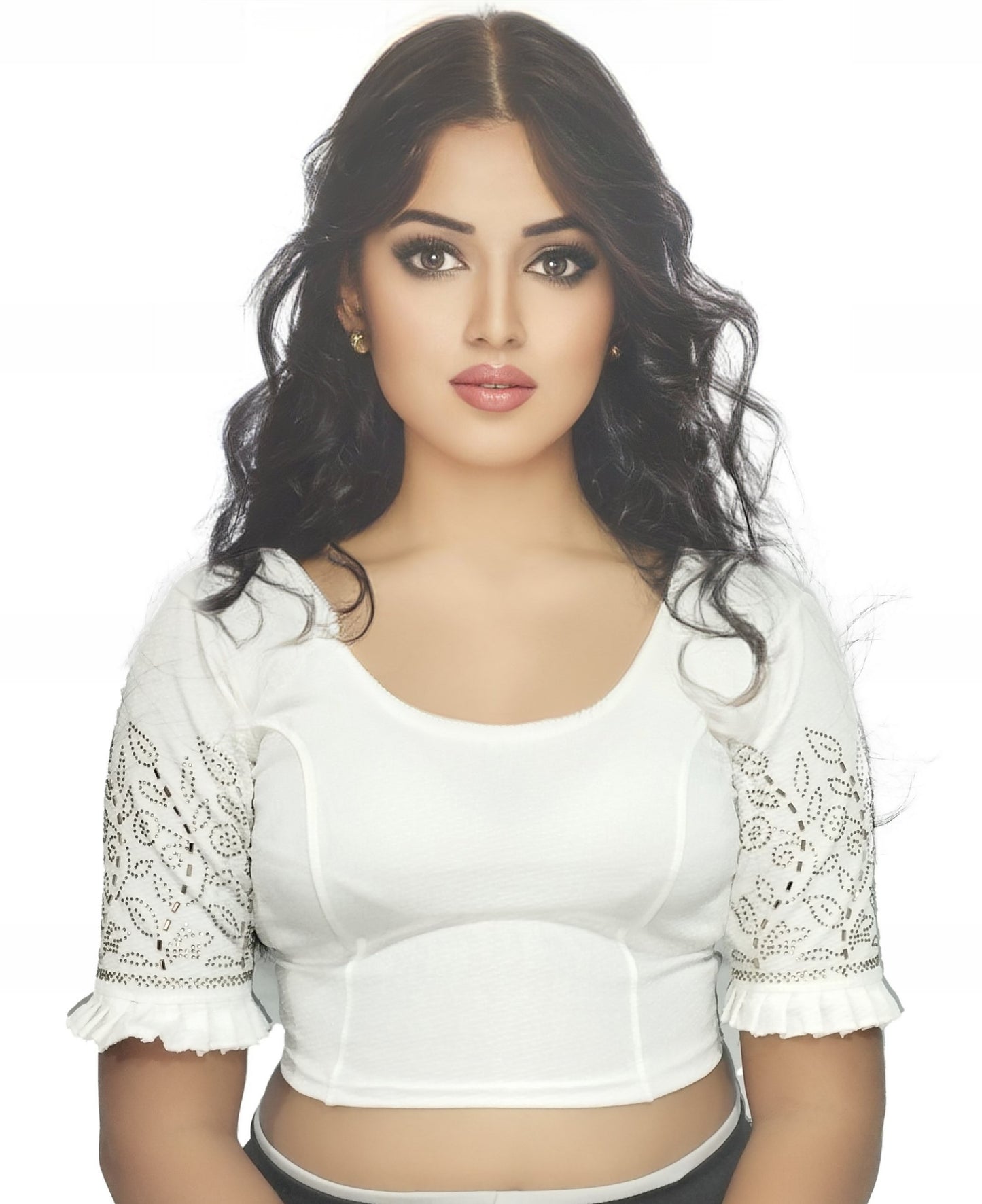 PU Fashion Stretchable Lycra Readymade Blouse with Frill & Swarovski Work