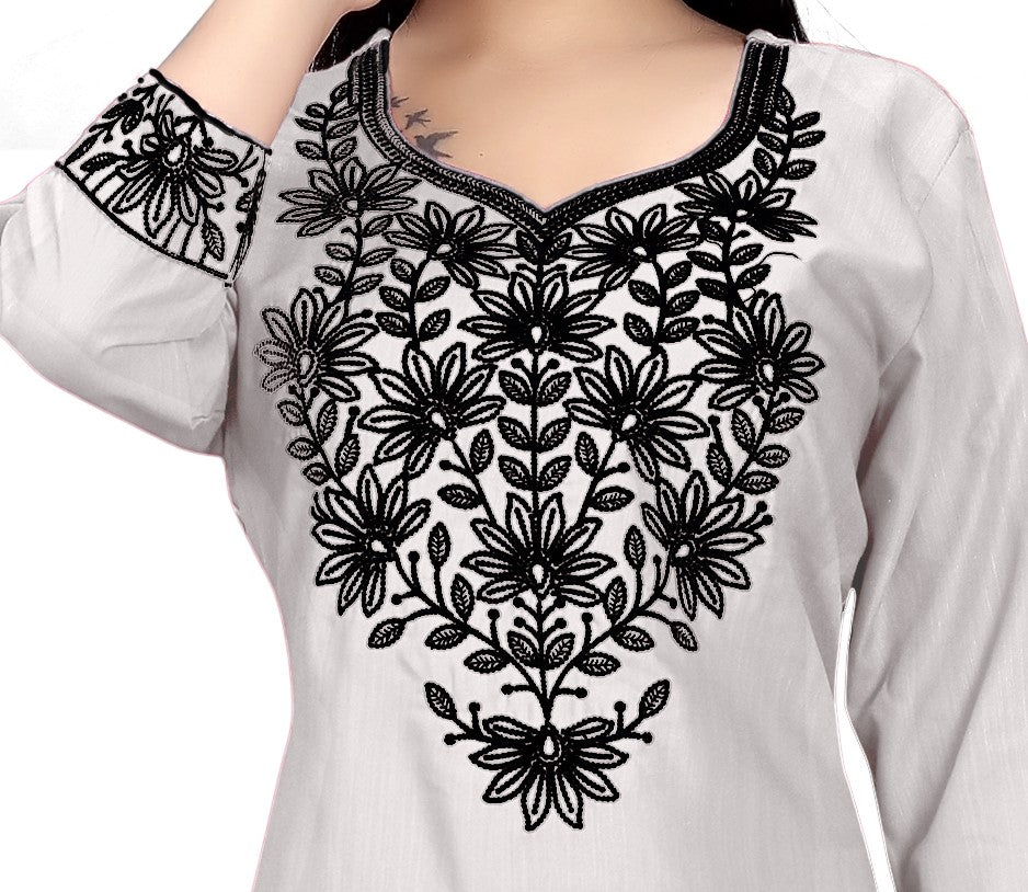 PU Fashion Chikankari Style Embroidered Long Kurti for Women | Elegant Straight Fit for Office & Festive Wear