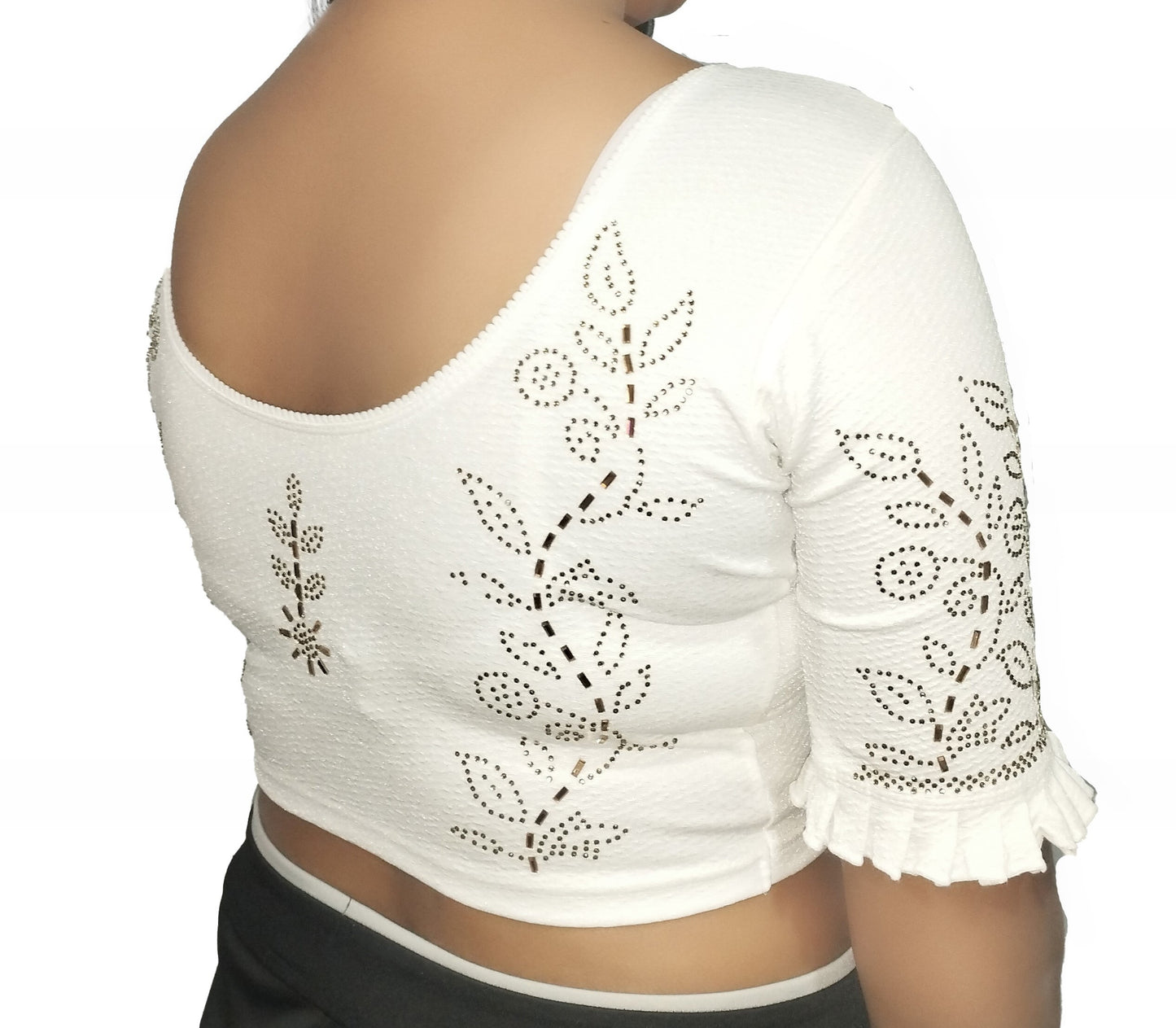 PU Fashion Stretchable Lycra Readymade Blouse with Frill & Swarovski Work