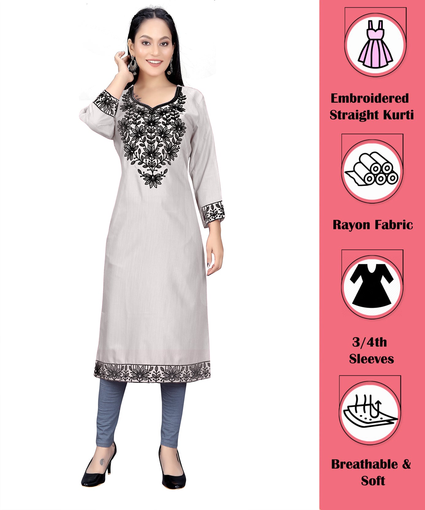 PU Fashion Chikankari Style Embroidered Long Kurti for Women | Elegant Straight Fit for Office & Festive Wear