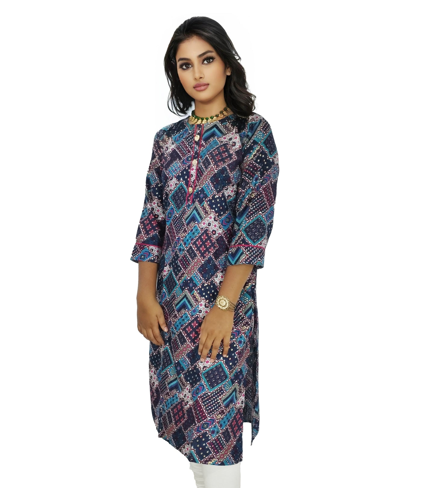 PU Fashion Pure Rayon White-Blue Geometric Printed Kurti for Women | Elegant Daily & Office Wear