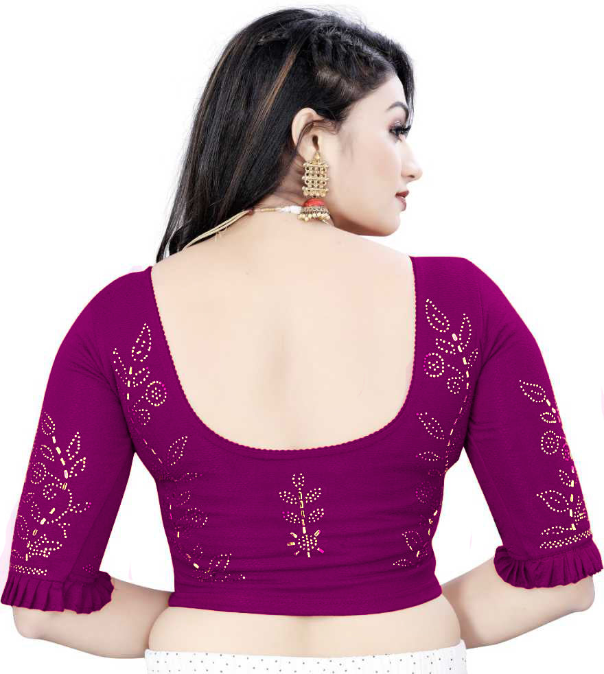 PU Fashion Stretchable Lycra Readymade Blouse with Frill & Swarovski Work