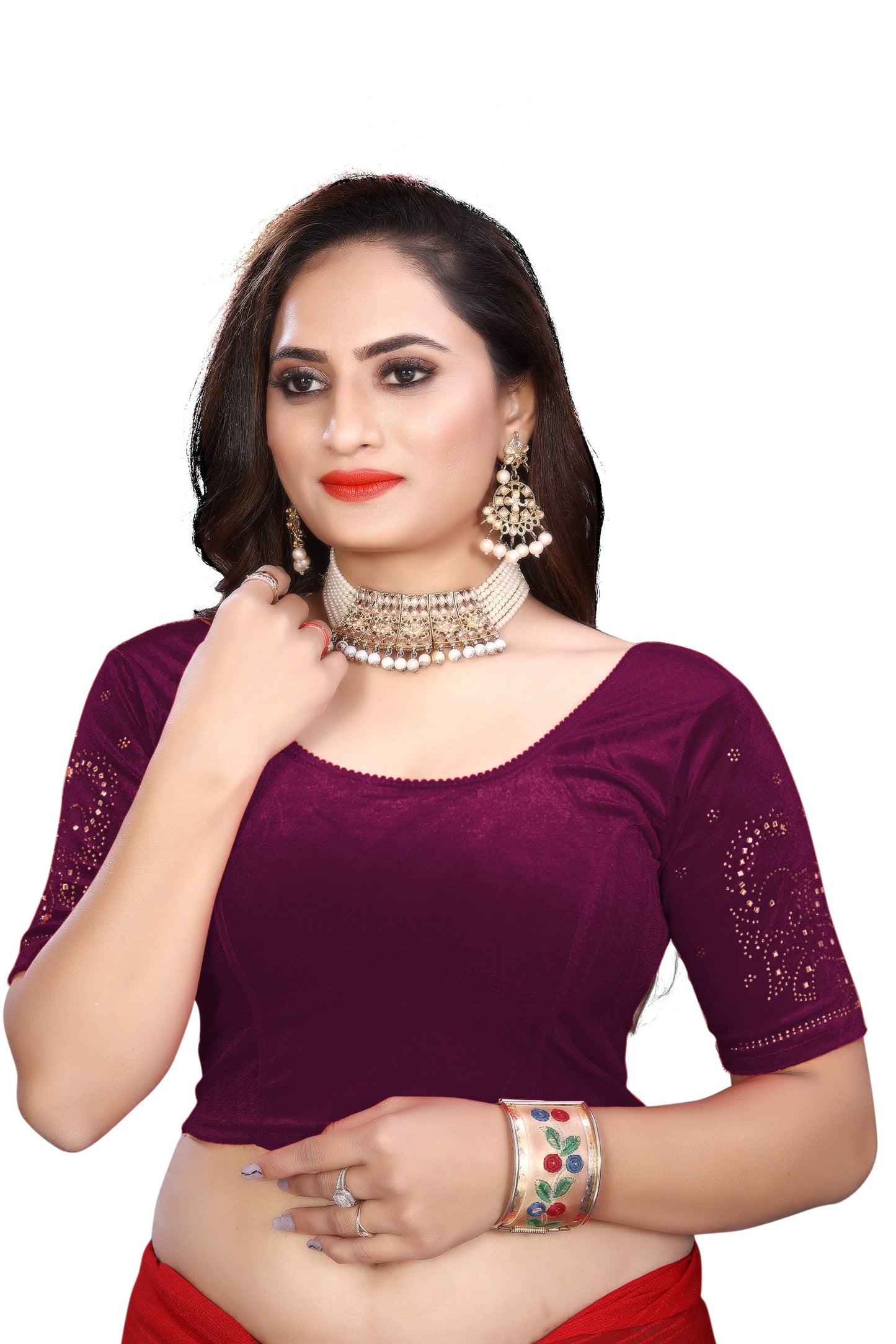 PU Fashion Fancy Velvet Blouse with Peacock and Floral Design | Readymade Saree Blouse for Women