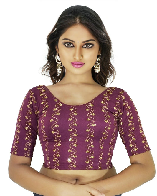 PU Fashion Wine Color Stretchable Embroidered Readymade Blouse for Women