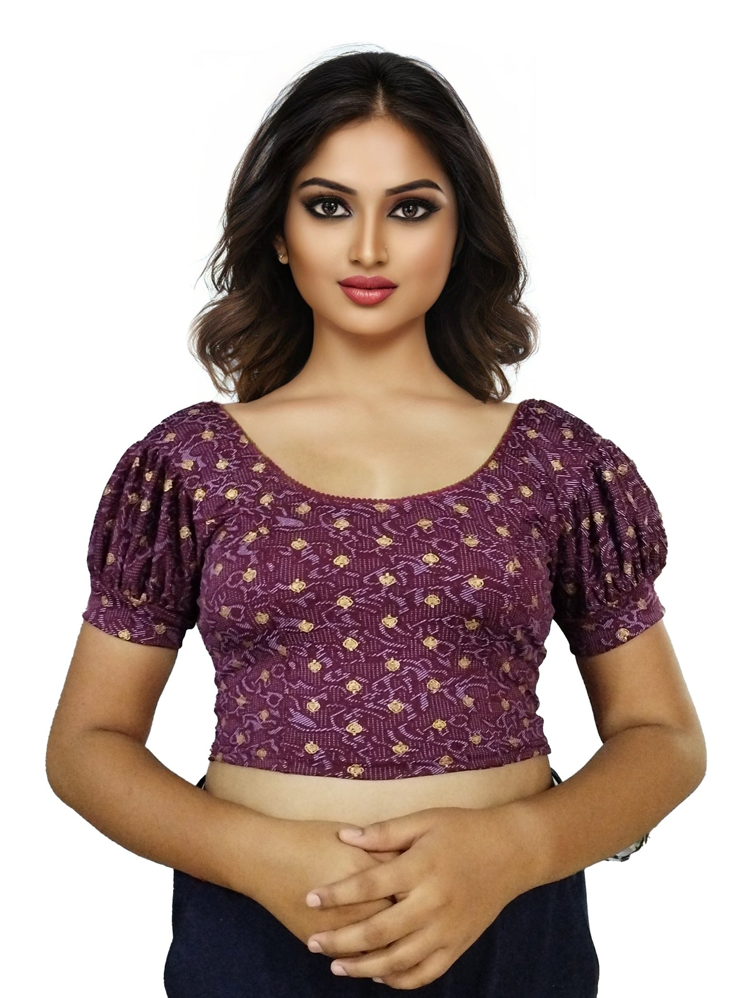 PU Fashion Lycra Blouse with Golden Foil Print – Readymade Puff Sleeve Saree Blouse