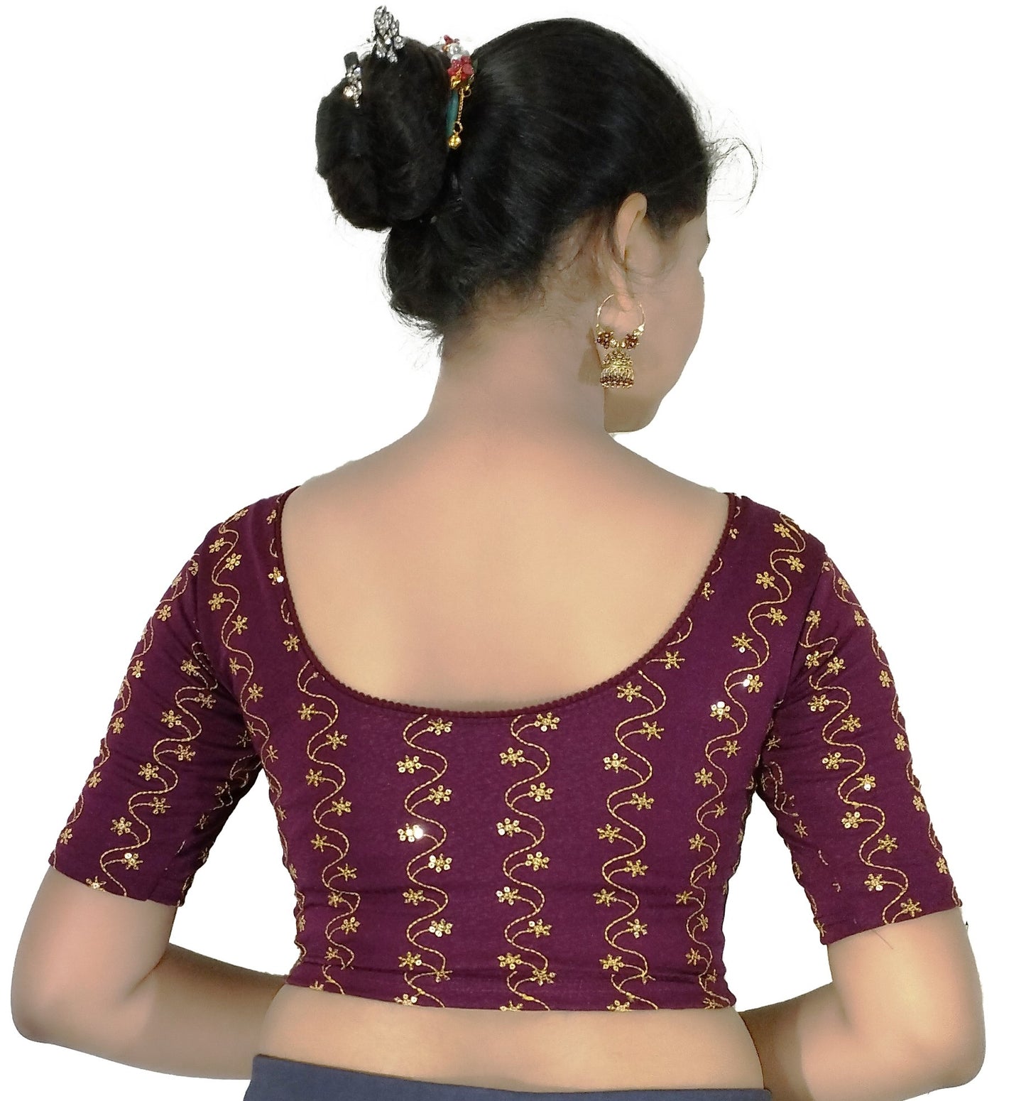 PU Fashion Wine Color Stretchable Embroidered Readymade Blouse for Women