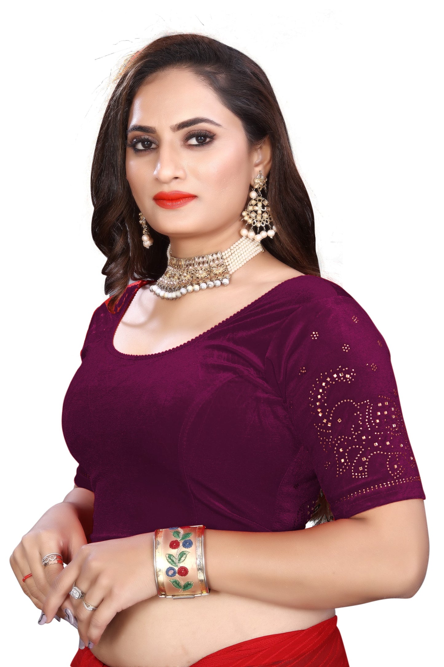 PU Fashion Fancy Velvet Blouse with Peacock and Floral Design | Readymade Saree Blouse for Women