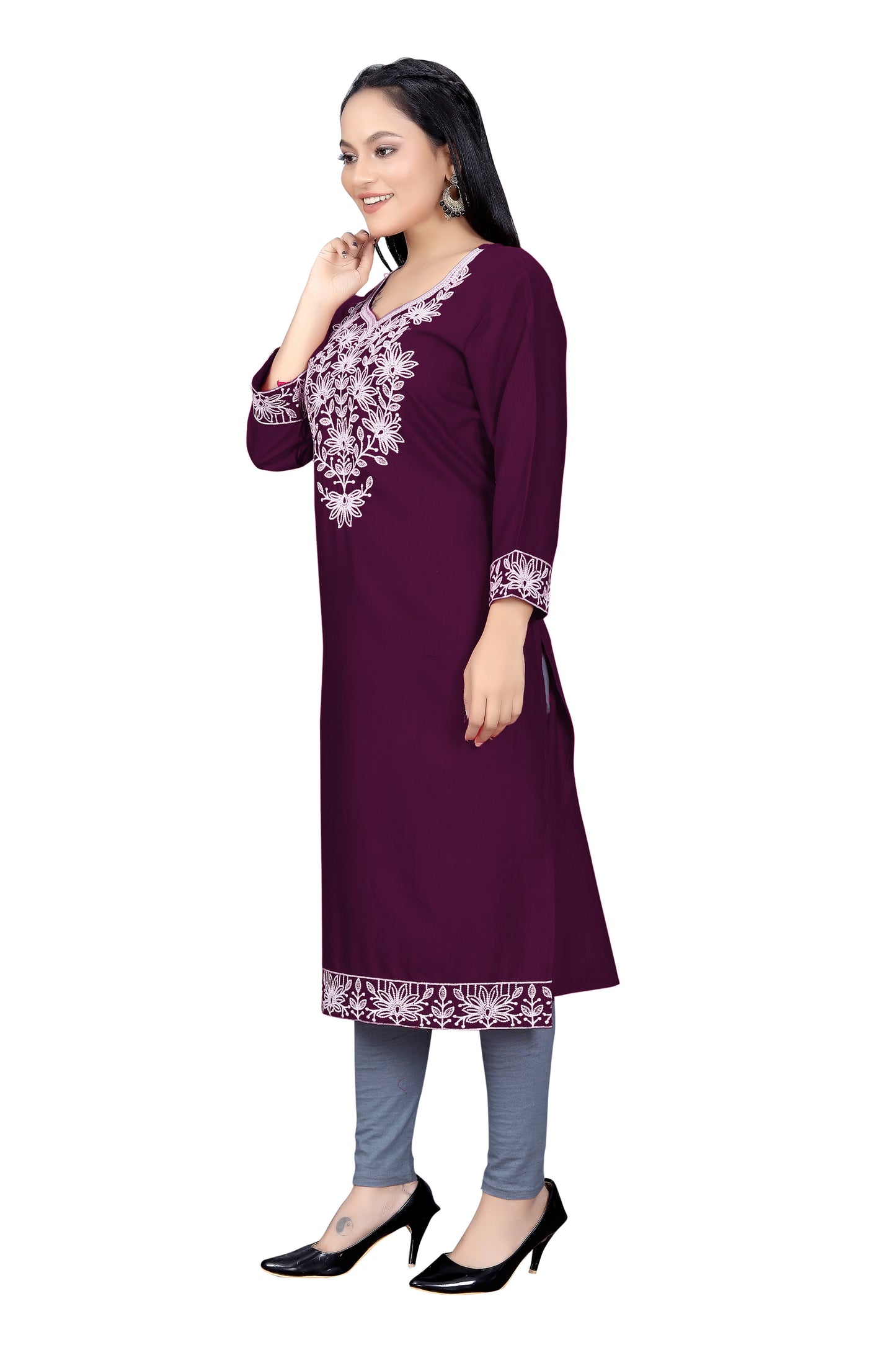 PU Fashion Chikankari Style Embroidered Long Kurti for Women | Elegant Straight Fit for Office & Festive Wear