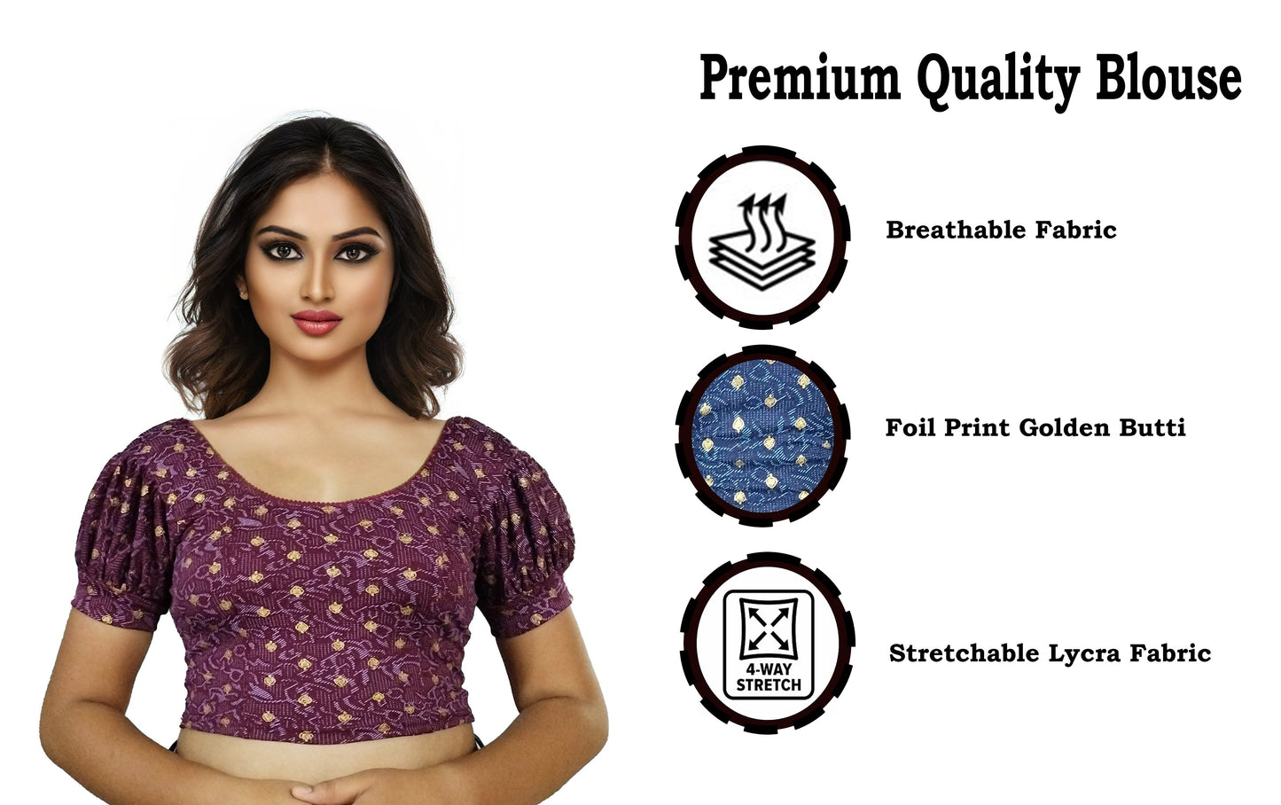 PU Fashion Lycra Blouse with Golden Foil Print – Readymade Puff Sleeve Saree Blouse
