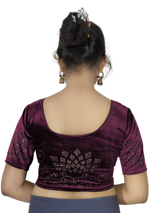 PU Fashion Women's Fancy Velvet Blouse with Stone Work | Stylish Readymade Saree Blouse for Party & Wedding