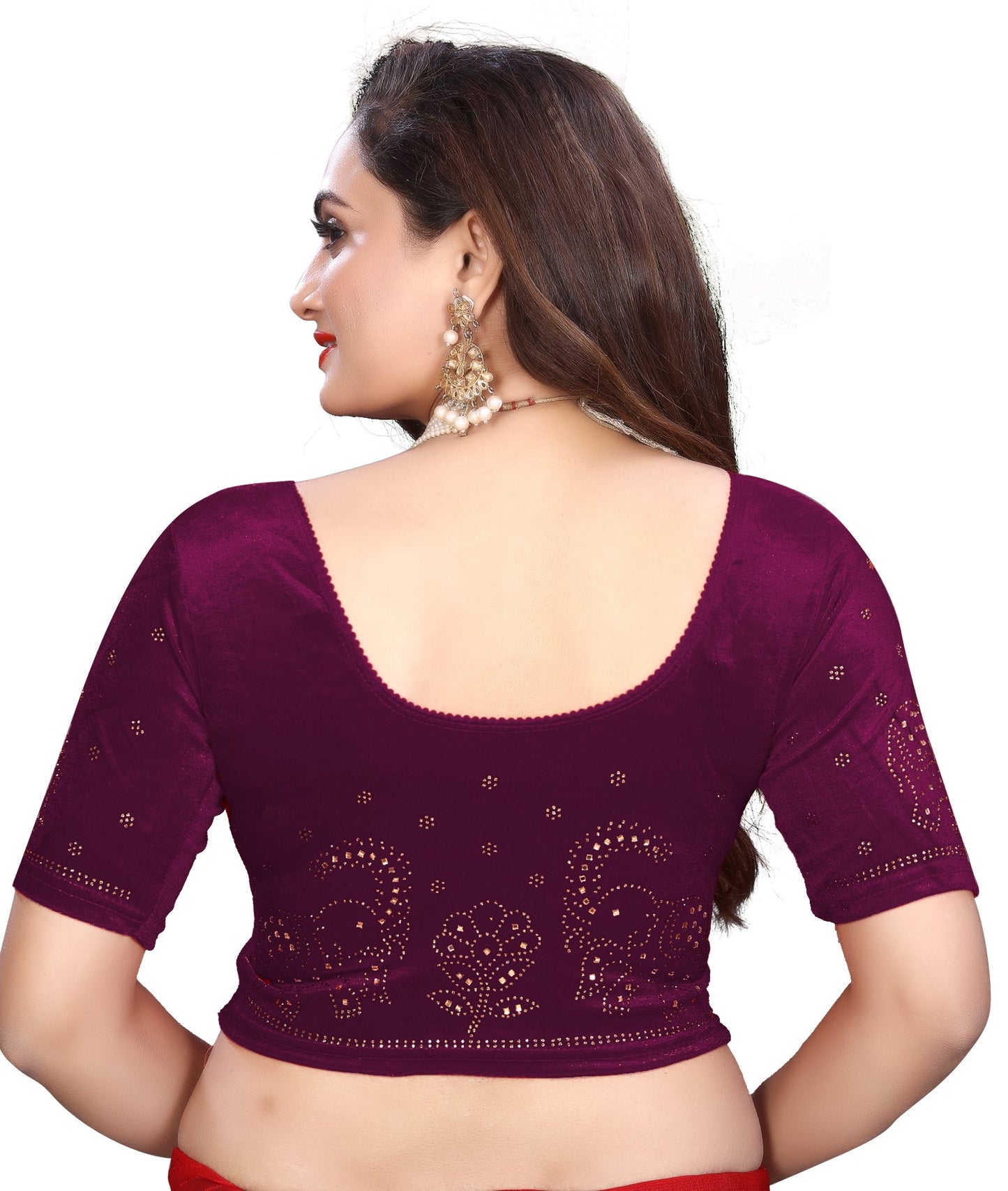 PU Fashion Fancy Velvet Blouse with Peacock and Floral Design | Readymade Saree Blouse for Women