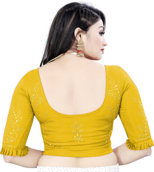 PU Fashion Stretchable Lycra Readymade Blouse with Frill & Swarovski Work