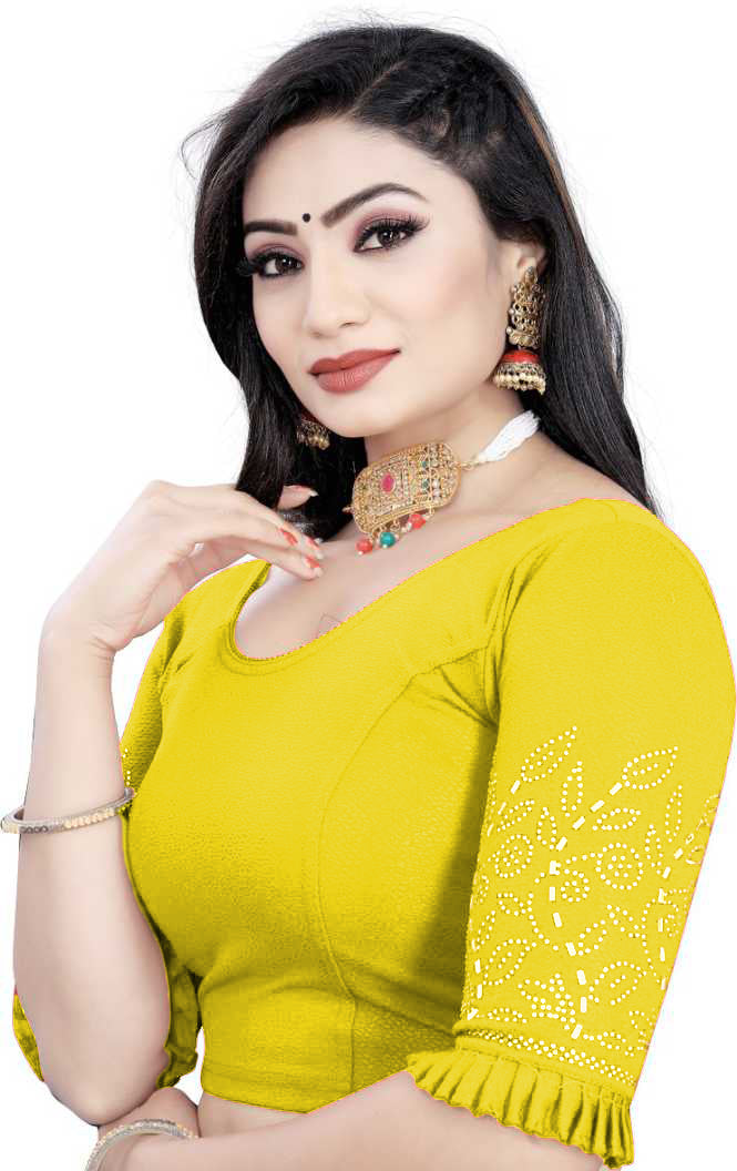 PU Fashion Stretchable Lycra Readymade Blouse with Frill & Swarovski Work