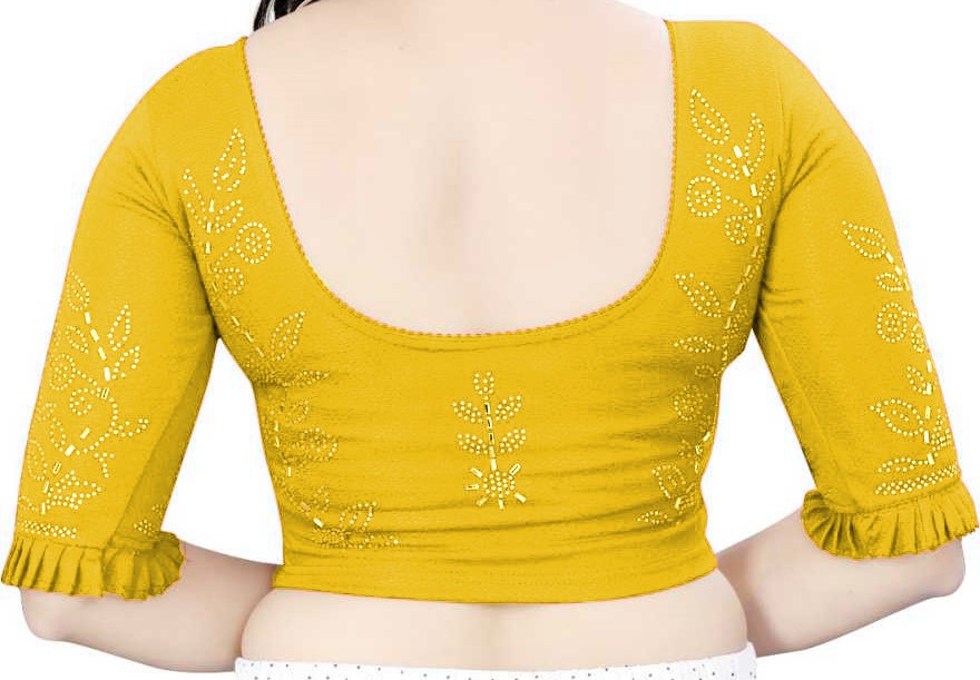 PU Fashion Stretchable Lycra Readymade Blouse with Frill & Swarovski Work