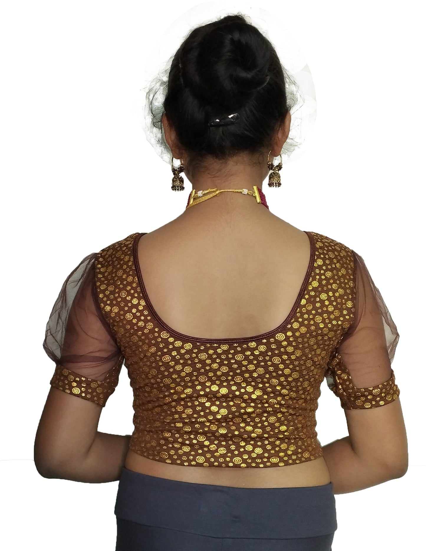 PU Fashion Golden Foil Printed Stretchable Blouse β Readymade Puff Sleeve Saree Blouse