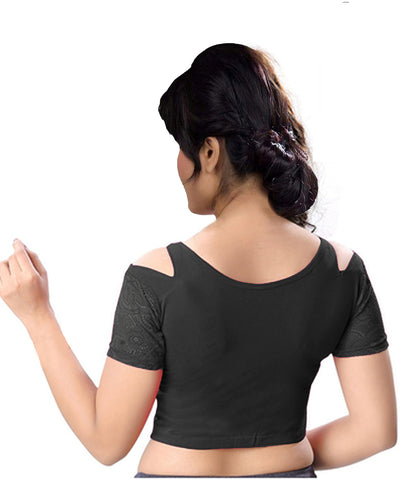 PU Fashion Cold Shoulder Stretchable Blouse – Front Zip & Net Sleeve Crop Top