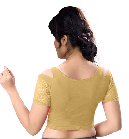 PU Fashion Cold Shoulder Stretchable Blouse – Front Zip & Net Sleeve Crop Top