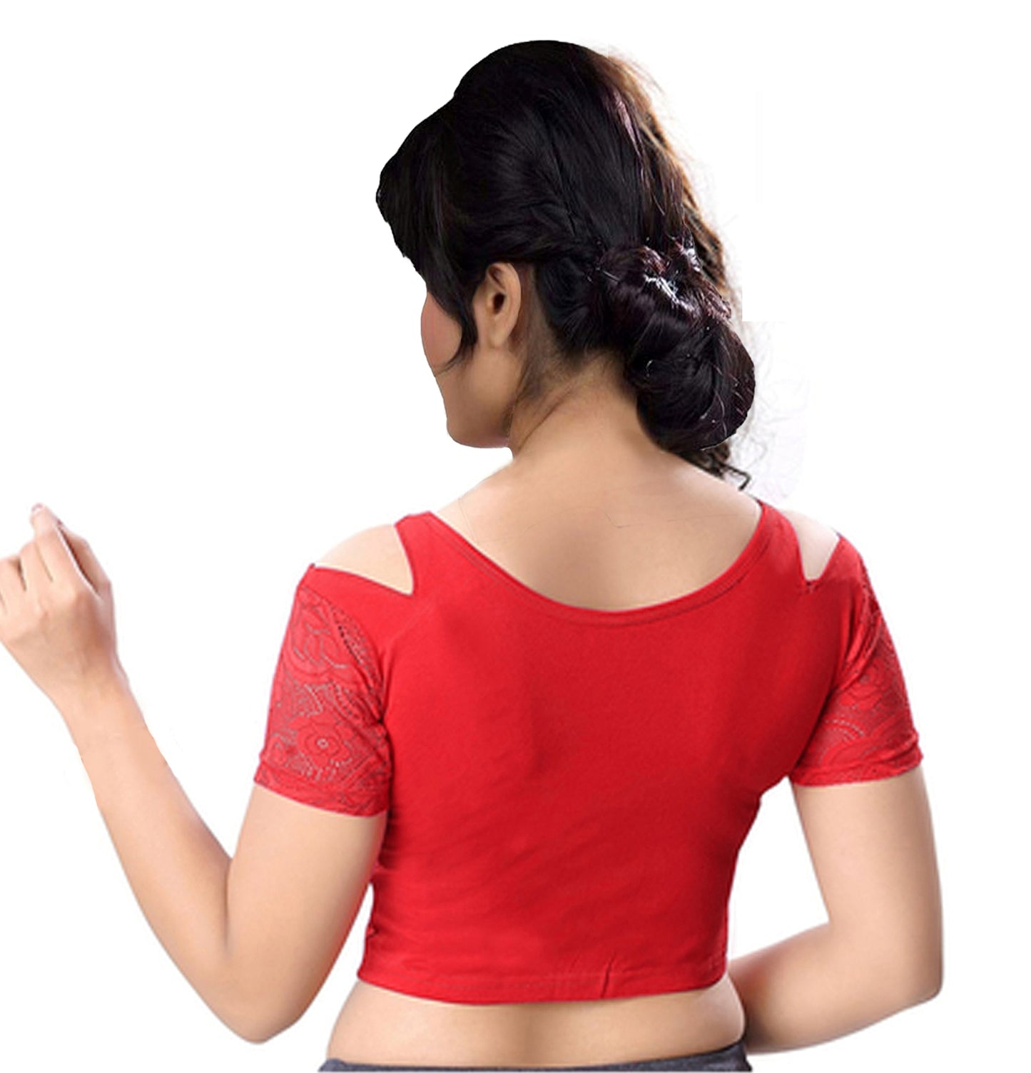 PU Fashion Cold Shoulder Stretchable Blouse – Front Zip & Net Sleeve Crop Top