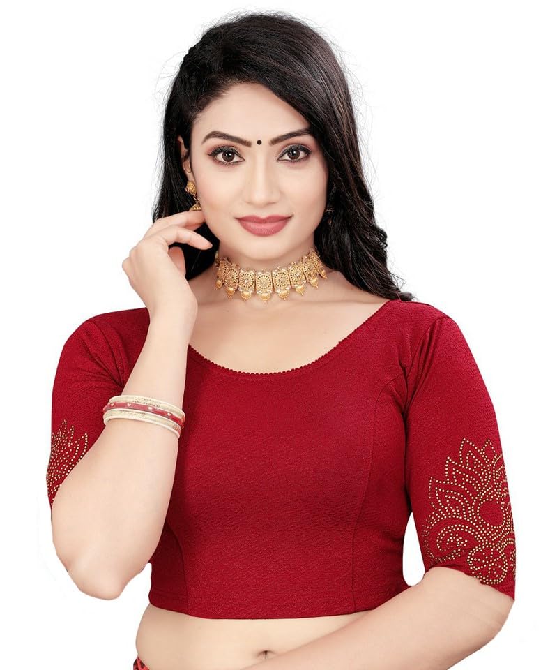 Saree Blouse with Golden Stone Work – Round Neck