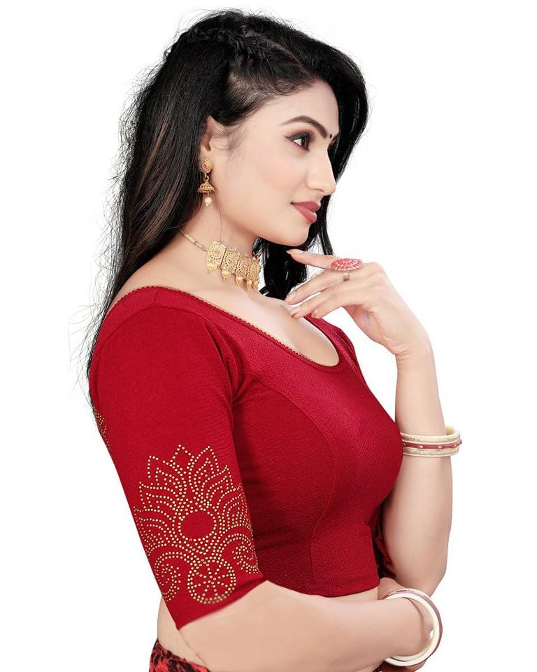 Saree Blouse with Golden Stone Work – Round Neck