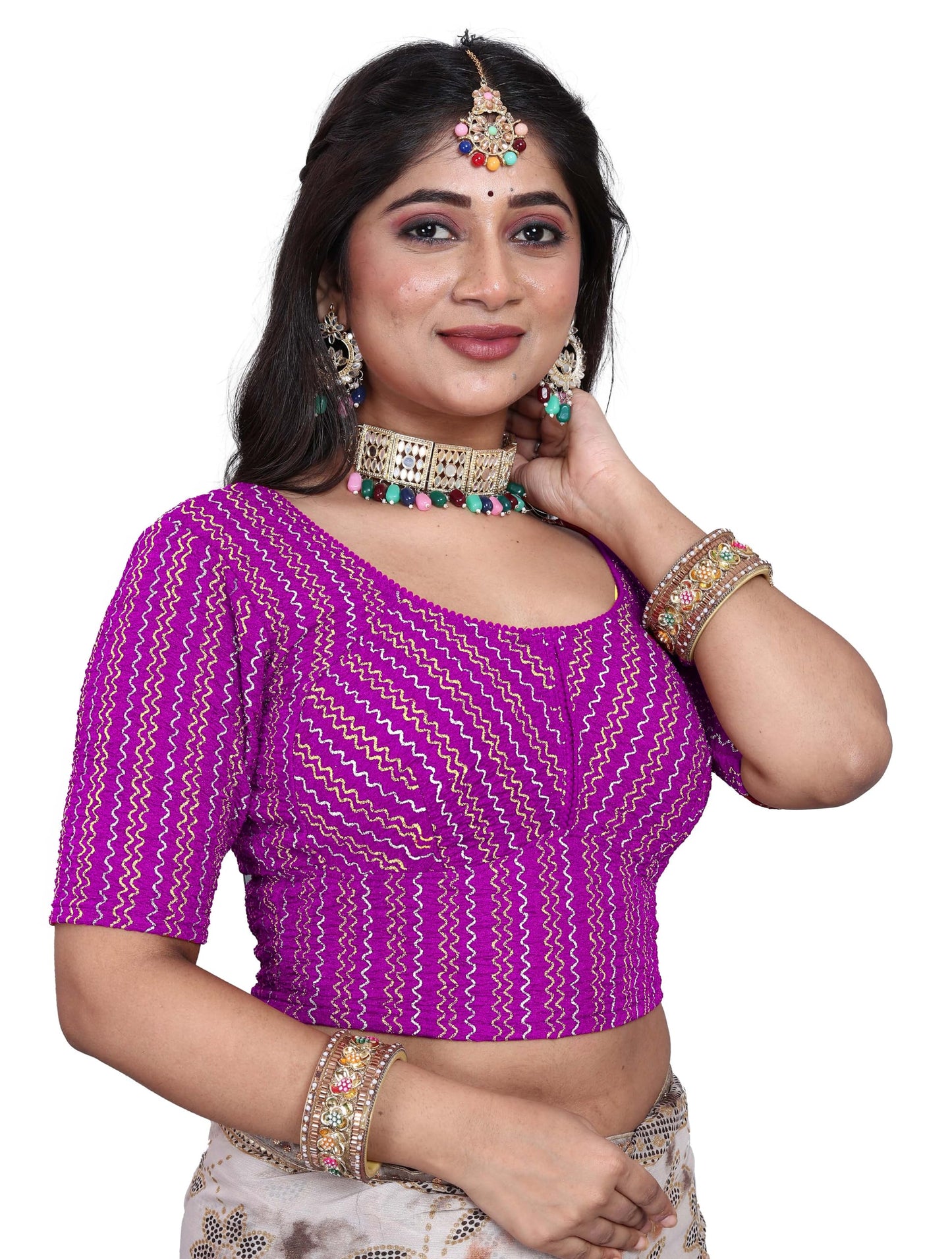Saree Blouse with Golden Stone Work – Round Neck