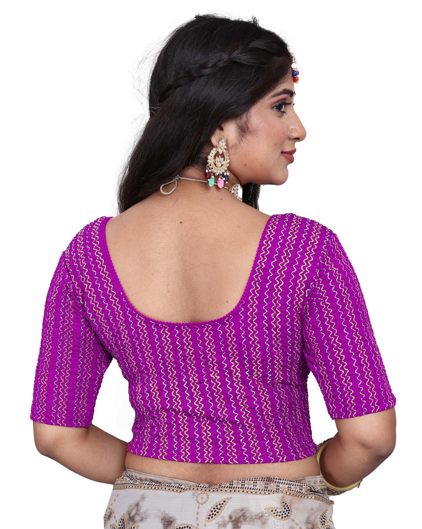 Saree Blouse with Golden Stone Work – Round Neck