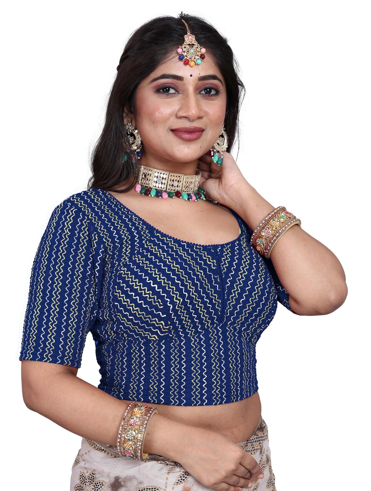 Saree Blouse with Golden Stone Work – Round Neck