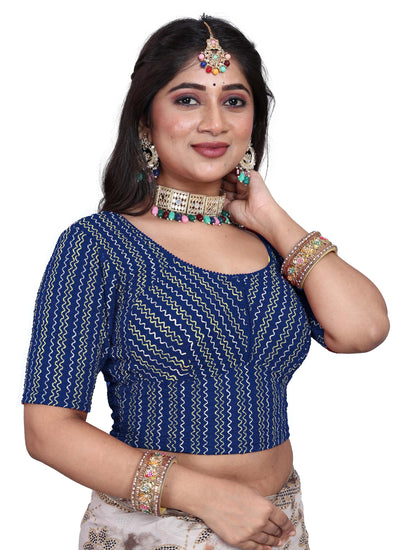 Saree Blouse with Golden Stone Work – Round Neck