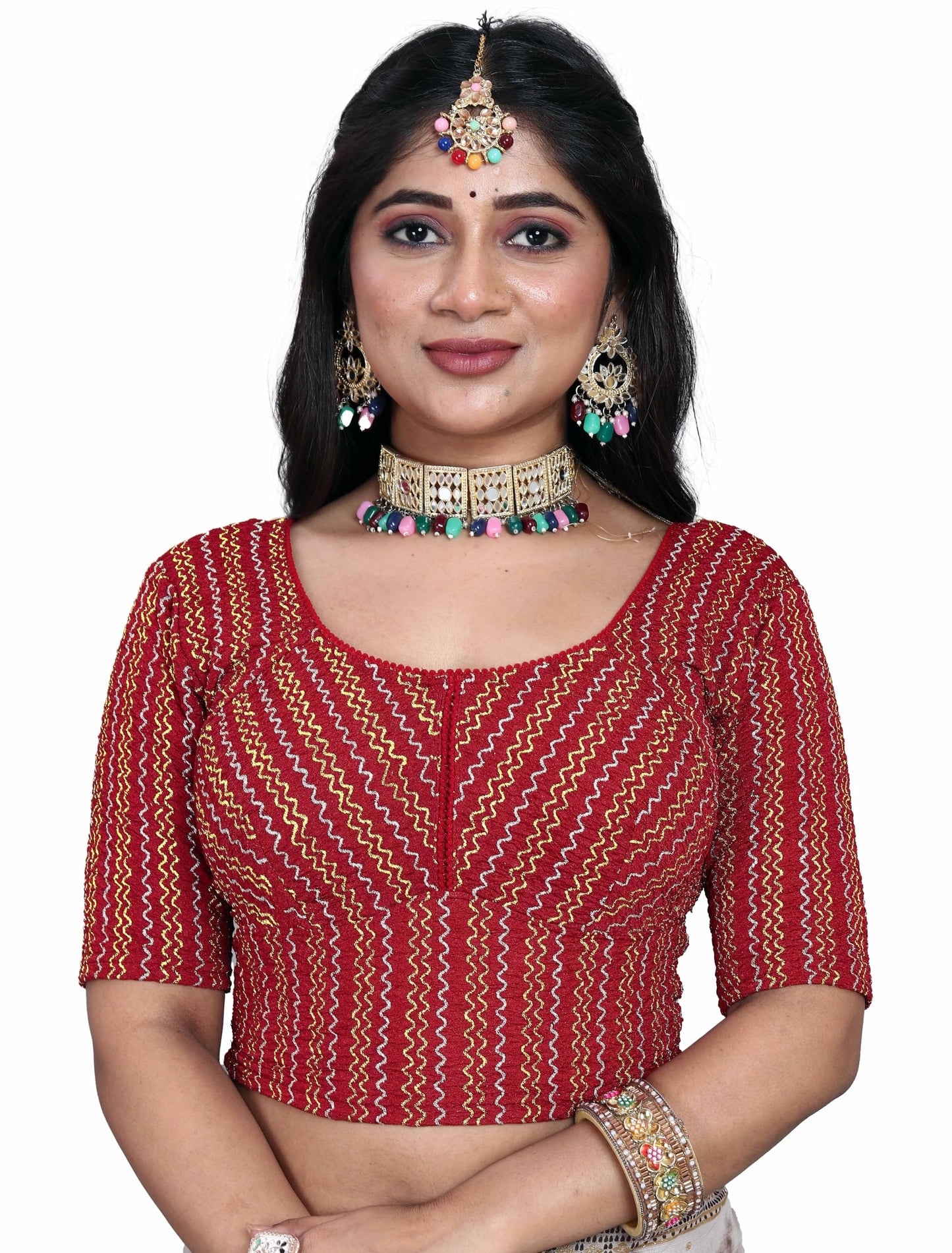 Saree Blouse with Golden Stone Work – Round Neck