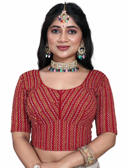 Saree Blouse with Golden Stone Work – Round Neck