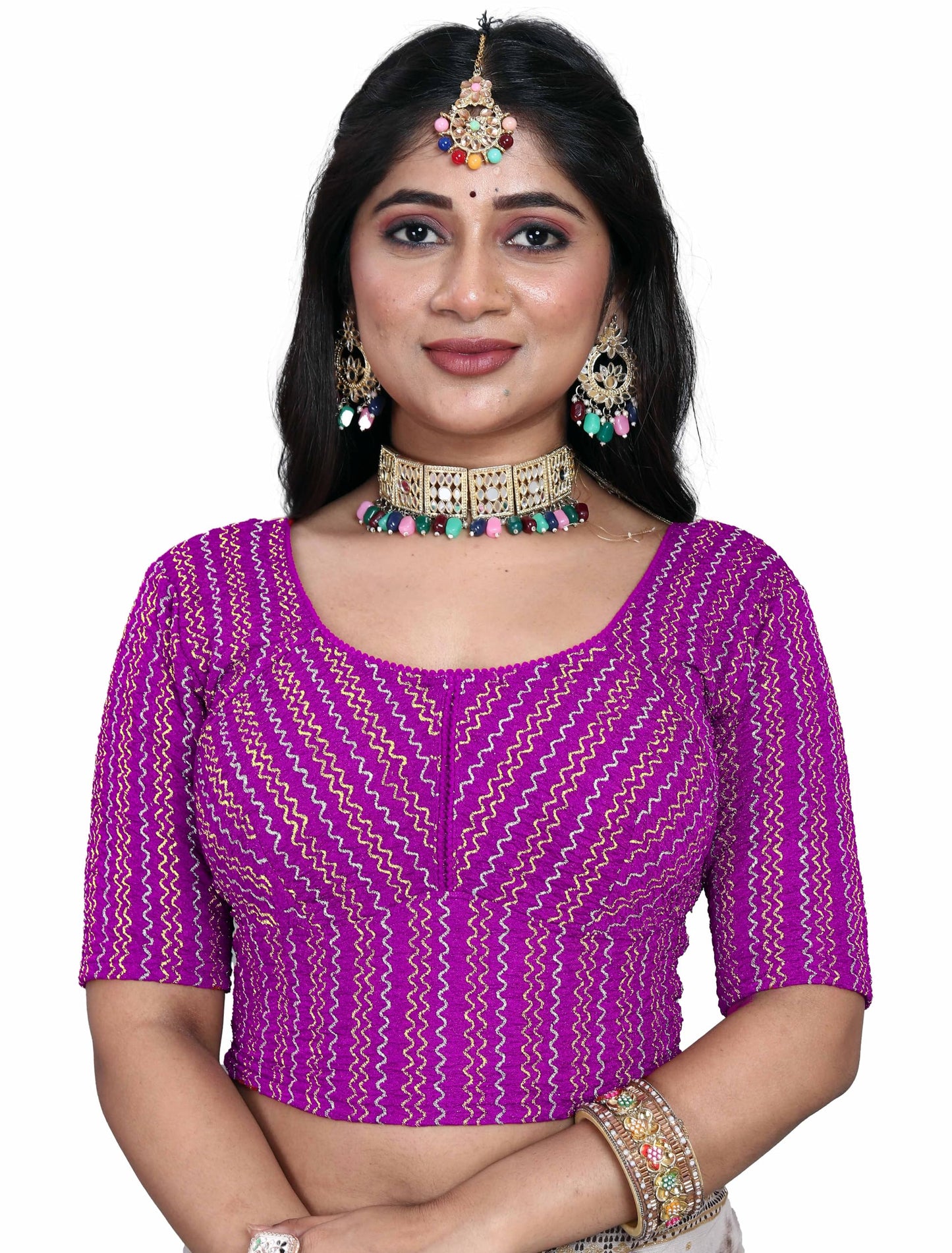 Saree Blouse with Golden Stone Work – Round Neck