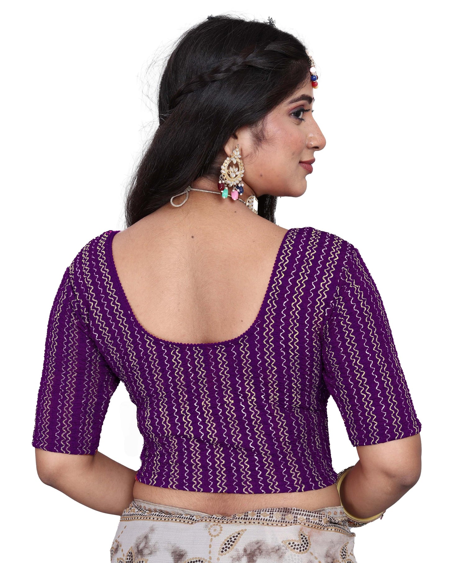 Saree Blouse with Golden Stone Work – Round Neck