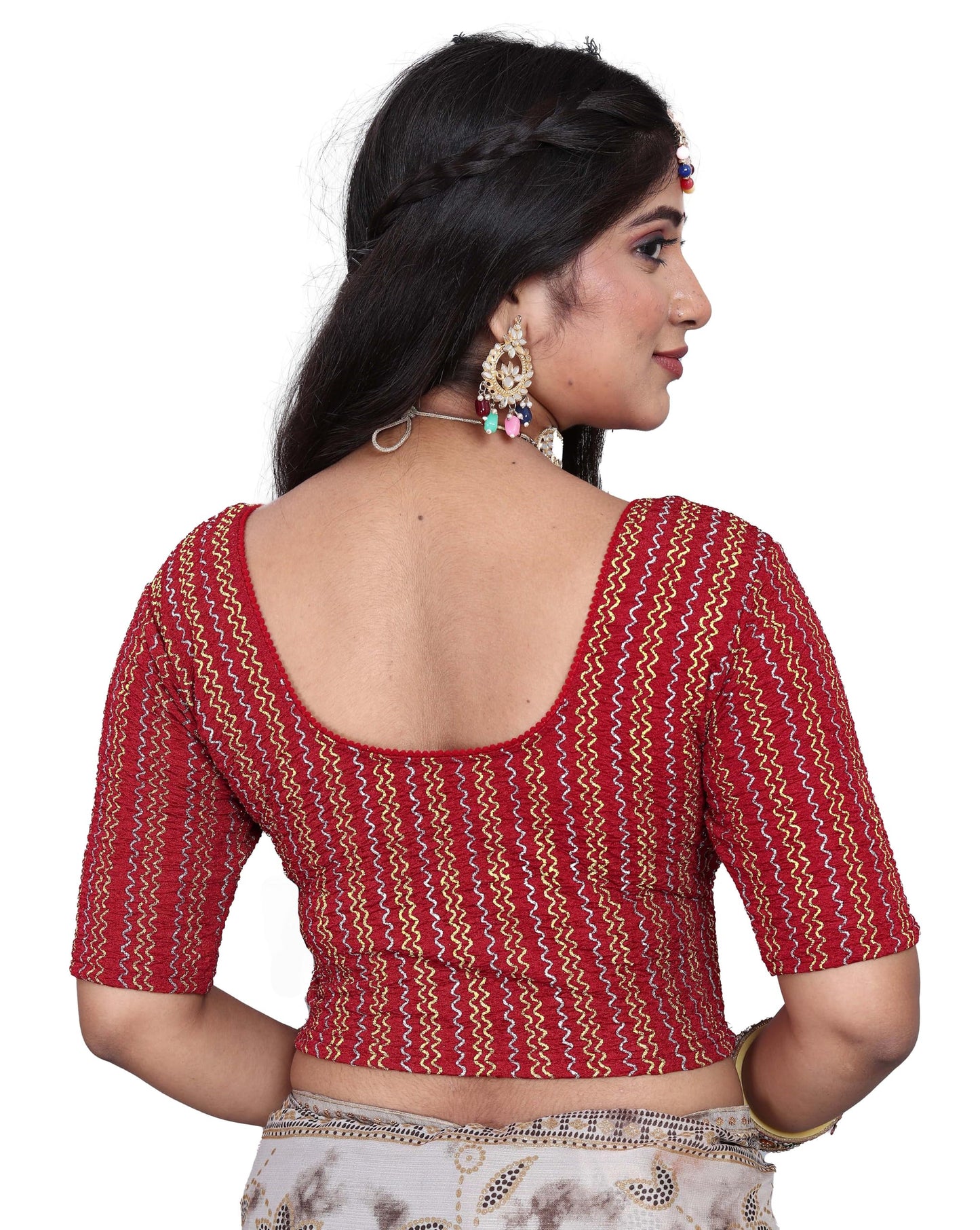Saree Blouse with Golden Stone Work – Round Neck